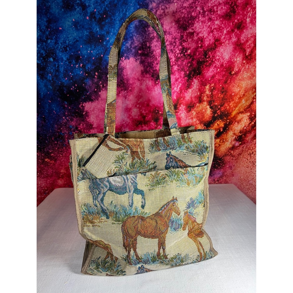 Vintage 90s Horse Tapestry Tote Bag with Coin Purse Equestrian Shoulder Bag